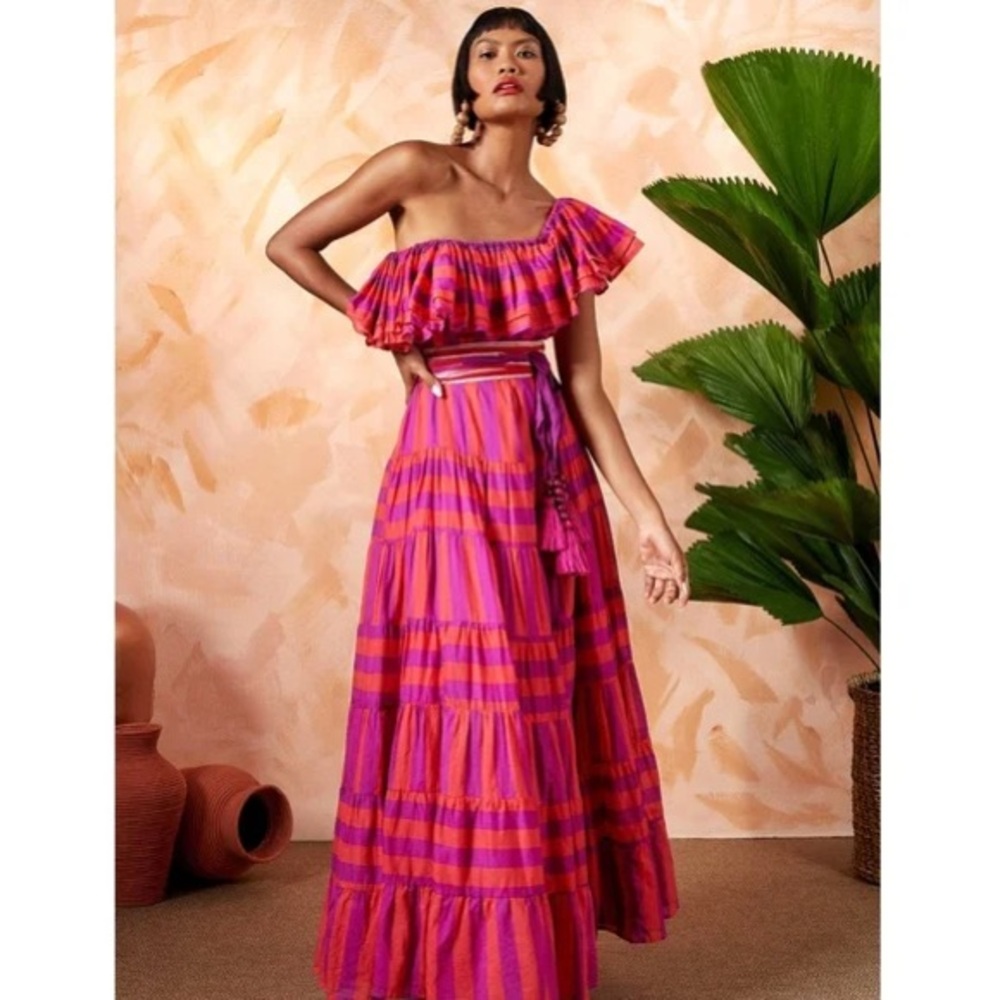 Erika Peña Rita Maxi Dress Coral Pink Tiered Cotton XS Resort Boho off shoulder